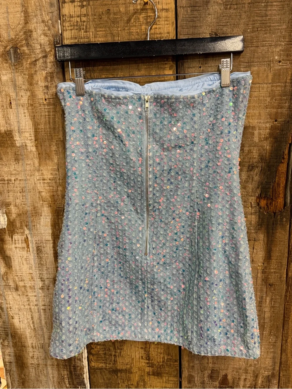 Superdown Claudia Sequin Denim dress mini Strapless Iridescent Revolve S